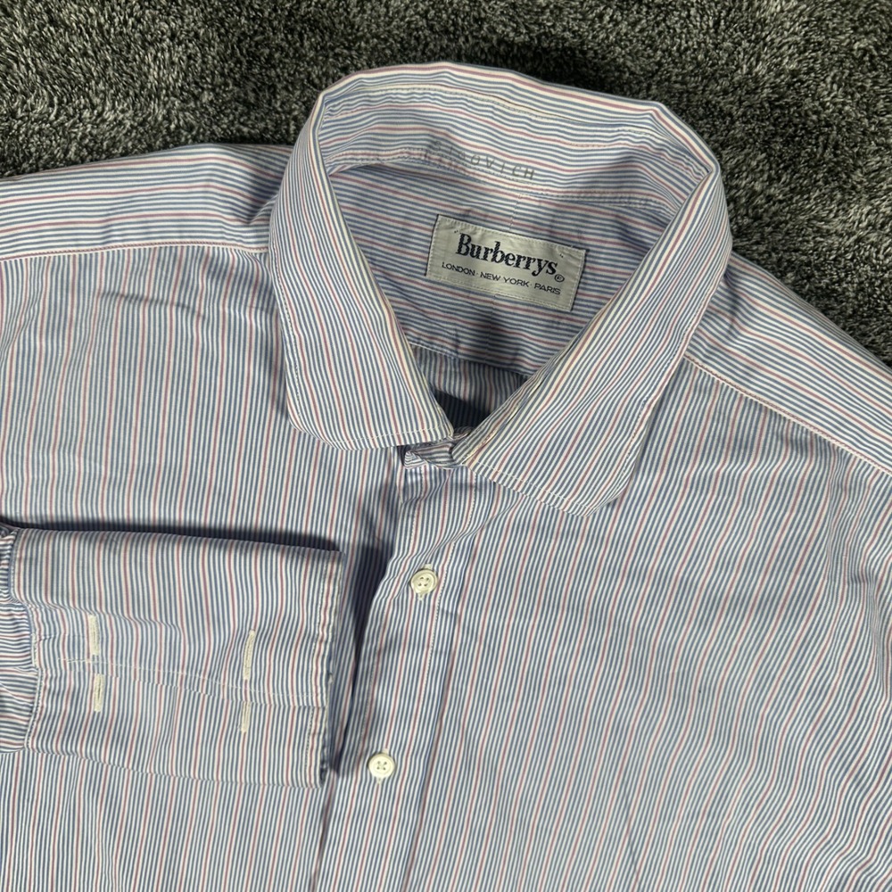 VTG Burberrys Shirt Mens 16.5 Blue Striped French Cuff Made in England